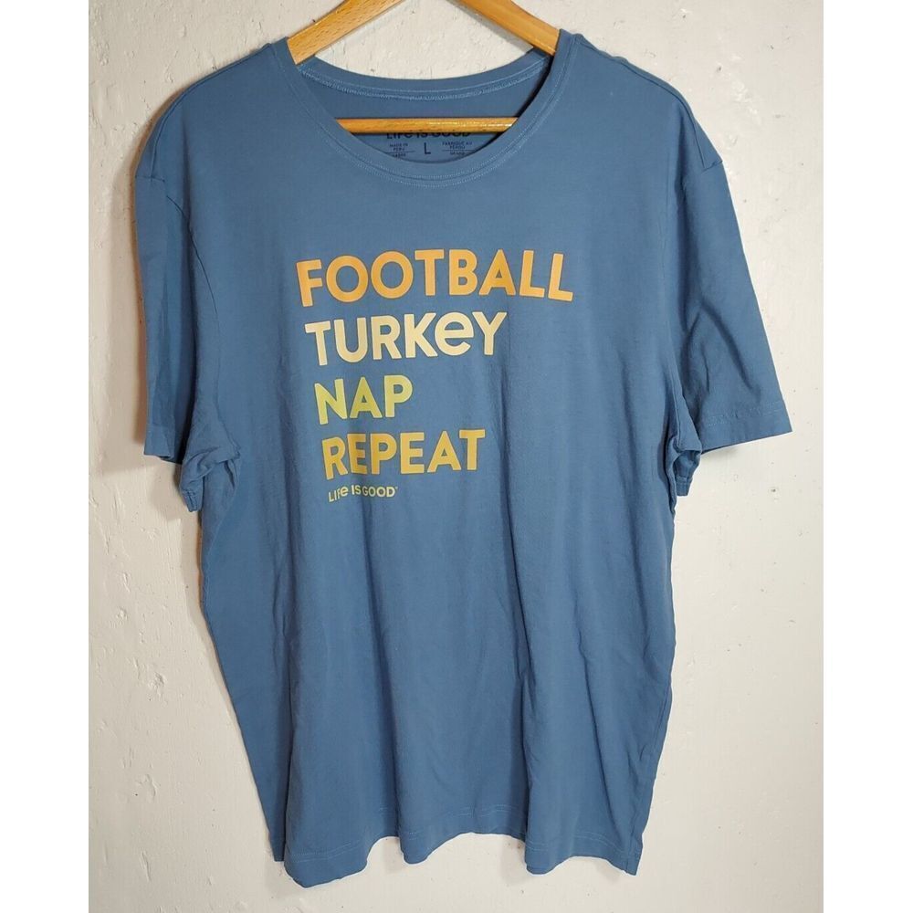 Life Is Good Football Turkey Nap Repeat Thanksgiving T Shirt‎ Mens L Blue NWT